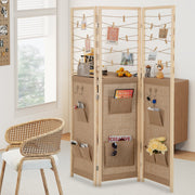 3-Panel Room Divider with 8 Storage Pockets and 4 Hooks-Natural