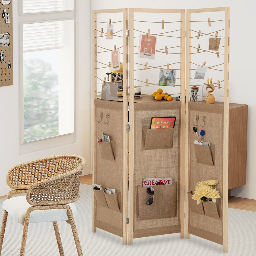 3-Panel Room Divider with 8 Storage Pockets and 4 Hooks-Natural