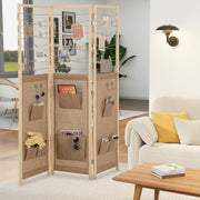 3-Panel Room Divider with 8 Storage Pockets and 4 Hooks-Natural